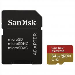 SanDisk Extreme micro SDXC 64 GB 160 MB/s A2 C10 V30 UHS-I U3, adapter,pro akèní kam. NÁHR.ZA 173418